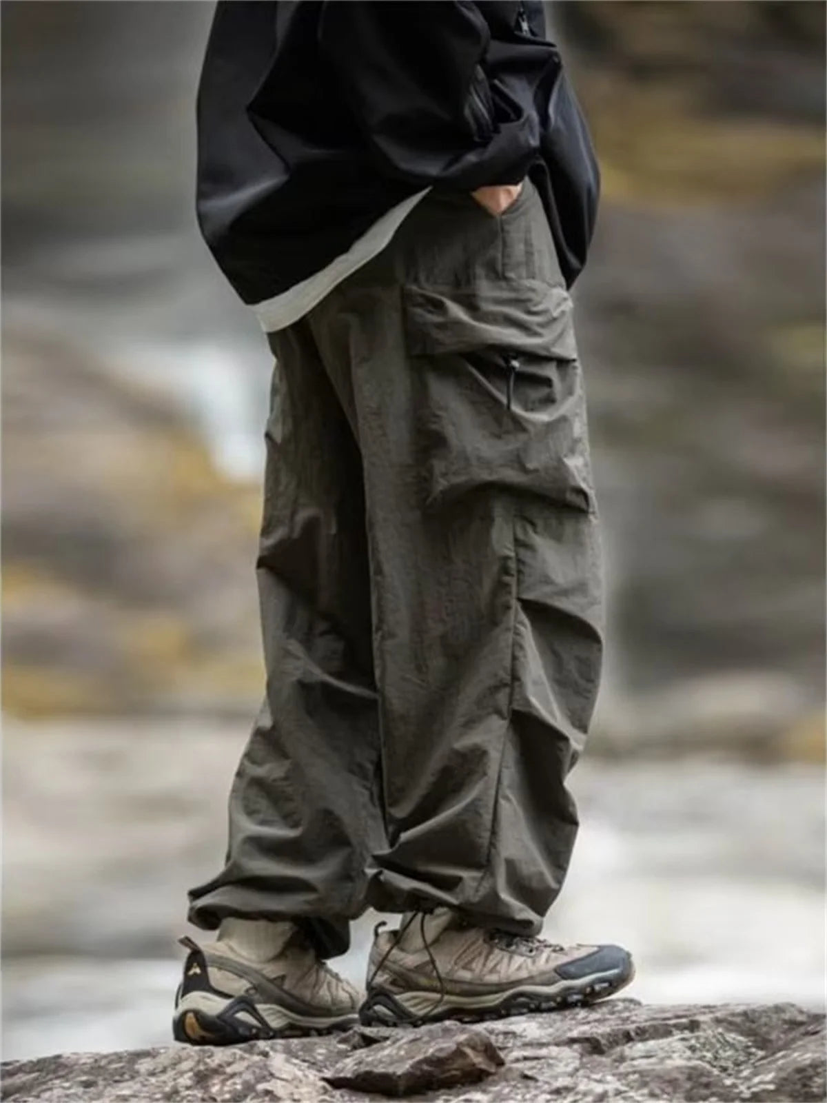 Men's waterproof hip hop mountaineering pants by BACKUPMYFILESNOW® in black, casual Harajuku work style cargo outdoor pants.