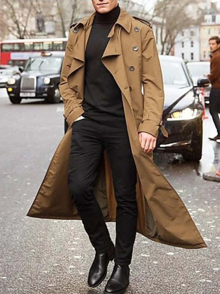Men's khaki streetwear fashion trench coat with epaulets, overlong British style design, lightweight spring men's jacket.