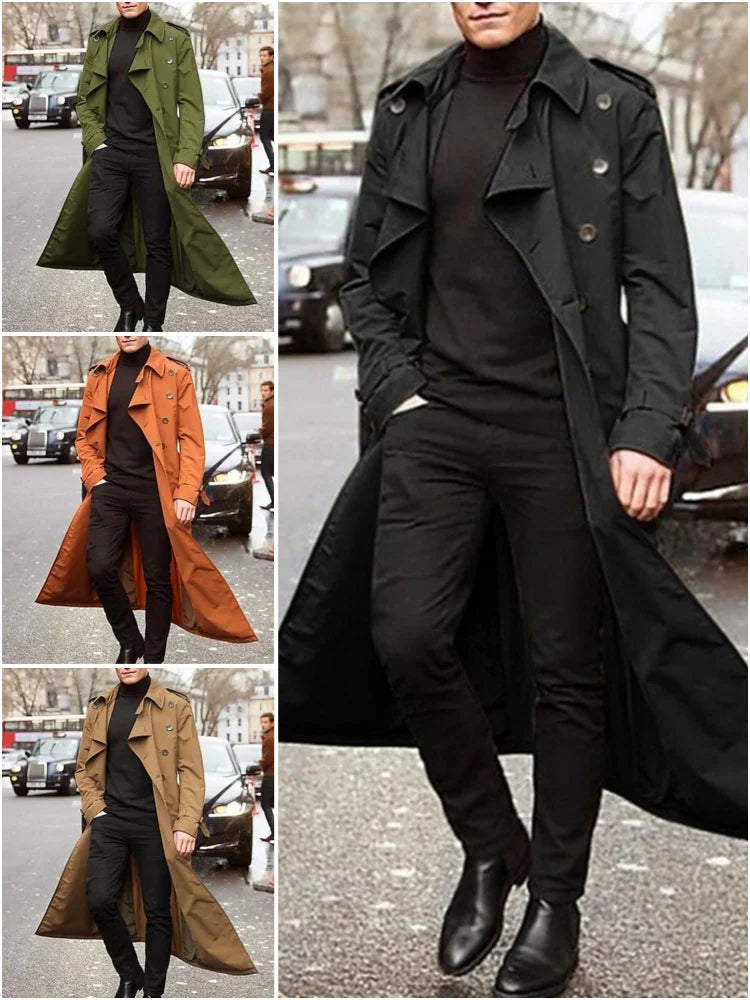 Men's khaki streetwear trench coat with epaulets, designer overlong British-style jacket for spring by BACKUPMYFILESNOW.COM®.