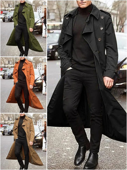 Men's khaki streetwear trench coat with epaulets, designer overlong British-style jacket for spring by BACKUPMYFILESNOW.COM®.