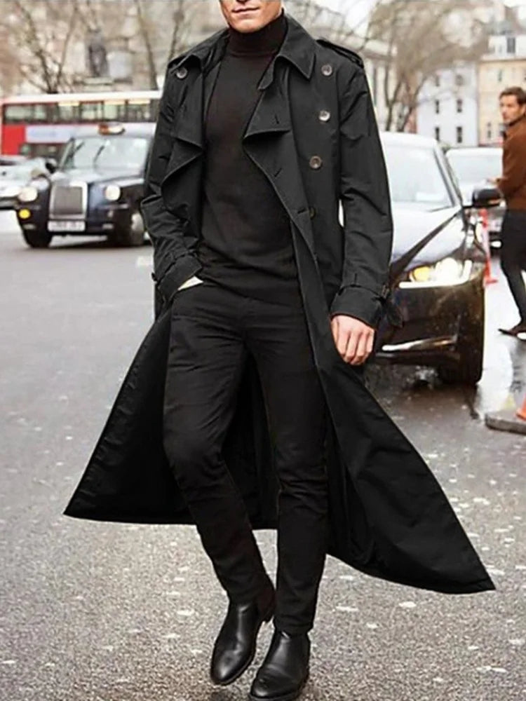 Men's khaki streetwear fashion trench coat with epaulets, overlong design, lightweight British style men's spring jacket.