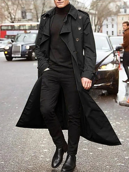 Men's khaki streetwear fashion trench coat with epaulets, overlong design, lightweight British style men's spring jacket.