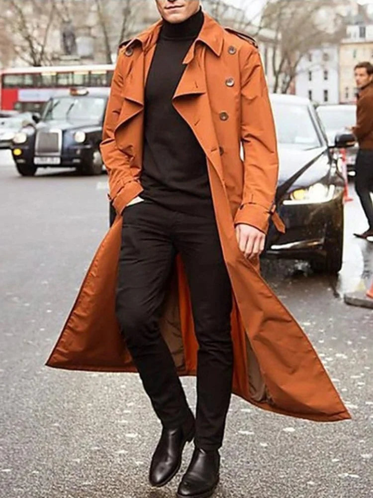 Men's khaki streetwear fashion trench coat by BACKUPMYFILESNOW.COM®, lightweight overlong British style jacket with epaulets for spring.