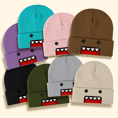 Domo Kun cartoon embroidered knitted hat in khaki, warm and windproof for men and women, suitable for autumn and winter outdoor wear.