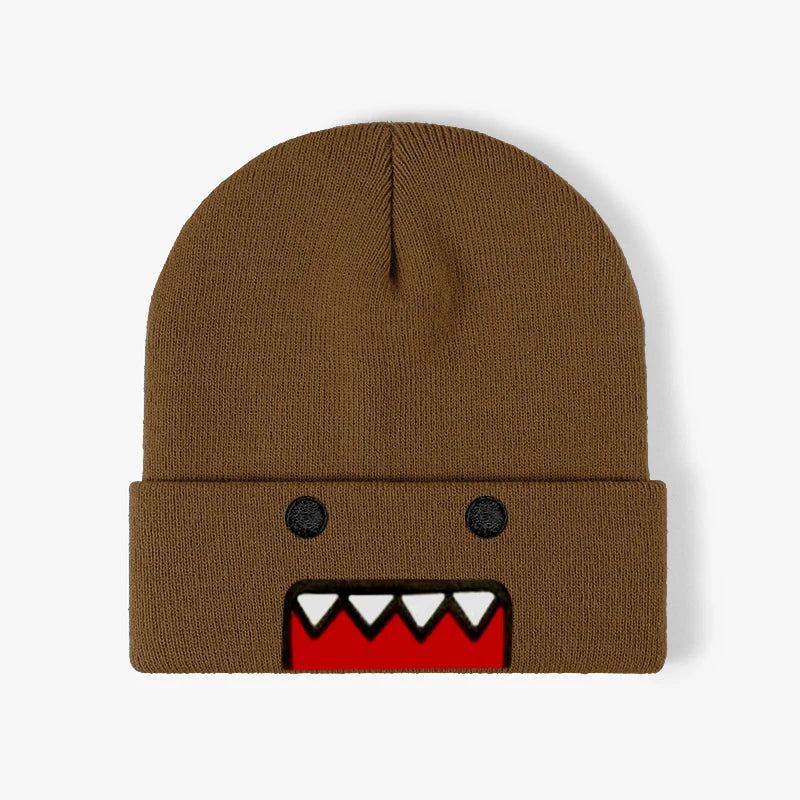 Embroidered Domo Kun cartoon knitted hat in khaki, warm and windproof, suitable for men and women in autumn and winter outdoor wear.
