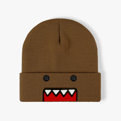 Embroidered Domo Kun cartoon knitted hat in khaki, warm and windproof, suitable for men and women in autumn and winter outdoor wear.