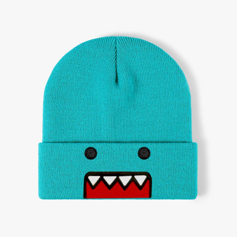 Domo Kun cartoon embroidered knitted hat in khaki, warm and windproof, suitable for men and women in autumn and winter outdoor wear.