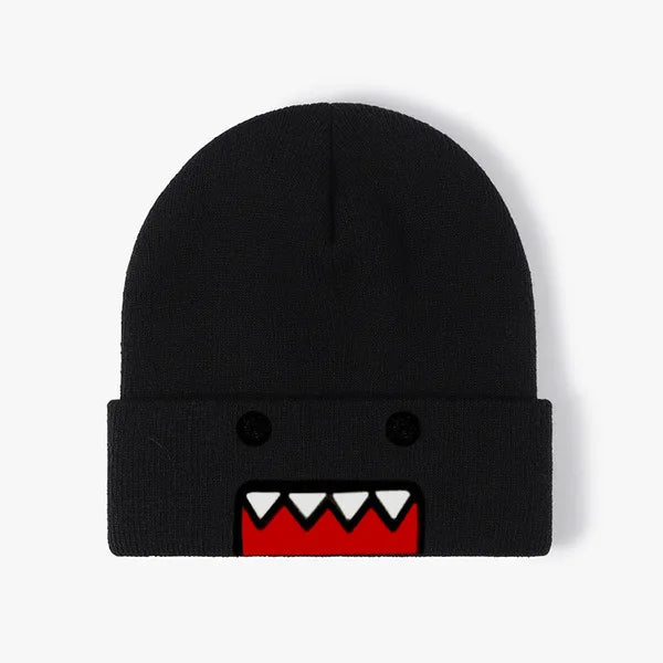 Khaki Domo Kun cartoon embroidered knitted hat for men and women, warm, windproof, autumn winter outdoor hip-hop casual style.