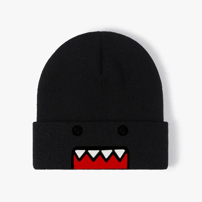 Khaki Domo Kun cartoon embroidered knitted hat for men and women, warm, windproof, autumn winter outdoor hip-hop casual style.