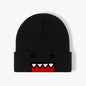 Khaki Domo Kun cartoon embroidered knitted hat for men and women, warm, windproof, autumn winter outdoor hip-hop casual style.