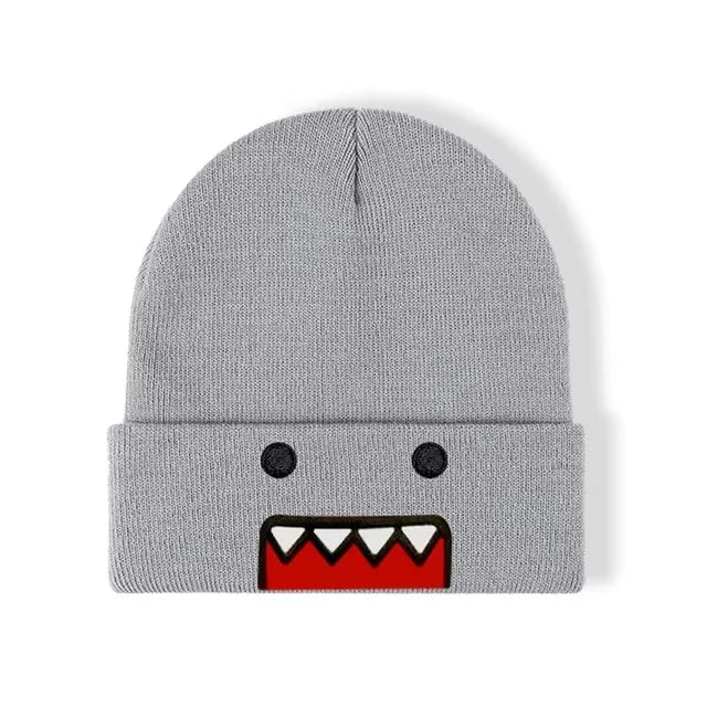 Khaki Domo Kun cartoon embroidered knitted hat, warm, windproof winter accessory for men and women, casual hip-hop style.