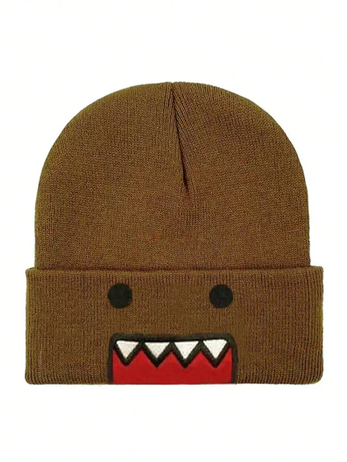 Domo Kun embroidered knitted hat in khaki, windproof and warm, suitable for men and women, perfect for autumn and winter outdoor wear.