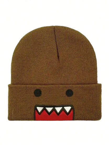 Domo Kun embroidered knitted hat in khaki, windproof and warm, suitable for men and women, perfect for autumn and winter outdoor wear.