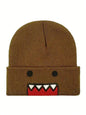 Domo Kun embroidered knitted hat in khaki, windproof and warm, suitable for men and women, perfect for autumn and winter outdoor wear.