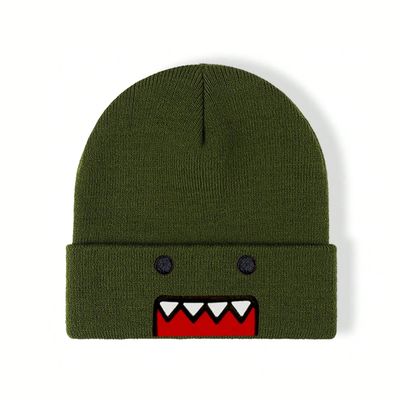 Domo Kun cartoon embroidered knitted hat in khaki, warm and windproof, suited for men and women in autumn and winter outdoor wear.