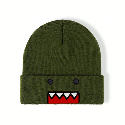 Domo Kun cartoon embroidered knitted hat in khaki, warm and windproof, suited for men and women in autumn and winter outdoor wear.