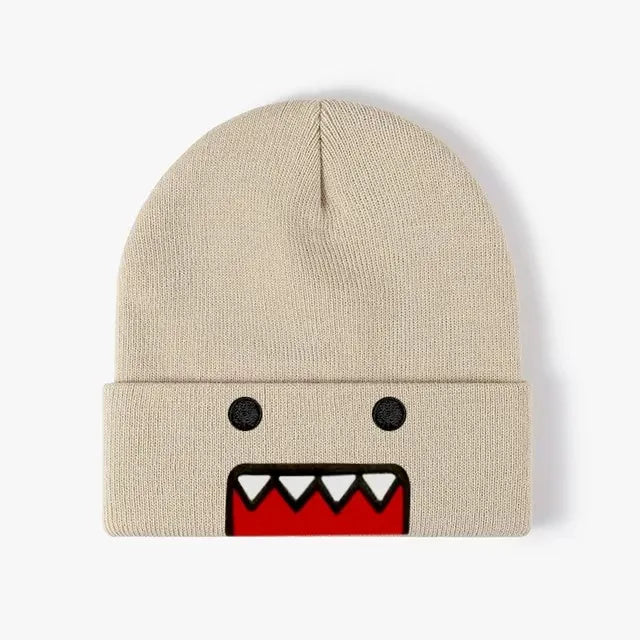 Domo Kun cartoon embroidered knitted hat in khaki, warm and windproof, suitable for men and women in autumn and winter outdoor wear.