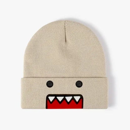 Domo Kun cartoon embroidered knitted hat in khaki, warm and windproof, suitable for men and women in autumn and winter outdoor wear.