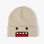 Domo Kun cartoon embroidered knitted hat in khaki, warm and windproof, suitable for men and women in autumn and winter outdoor wear.