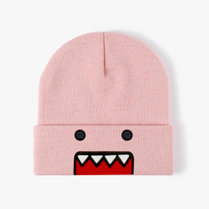 Khaki Domo Kun cartoon embroidered knitted hat, warm windproof winter hat for men and women, casual trendy outdoor style.