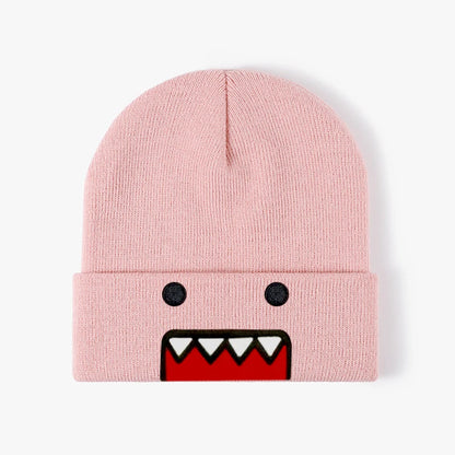 Khaki Domo Kun cartoon embroidered knitted hat, warm windproof winter hat for men and women, casual trendy outdoor style.