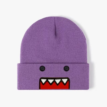 Domo Kun cartoon embroidered knitted hat in khaki, warm and windproof for men and women, autumn winter outdoor casual style.