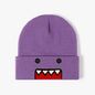 Domo Kun cartoon embroidered knitted hat in khaki, warm and windproof for men and women, autumn winter outdoor casual style.