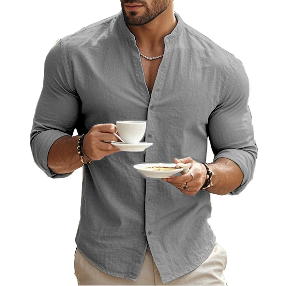 Men's khaki Henry shirt by BACKUPMYFILESNOW.COM® with cotton-linen fabric, slim fit, casual Hawaiian style, breathable for spring and summer.