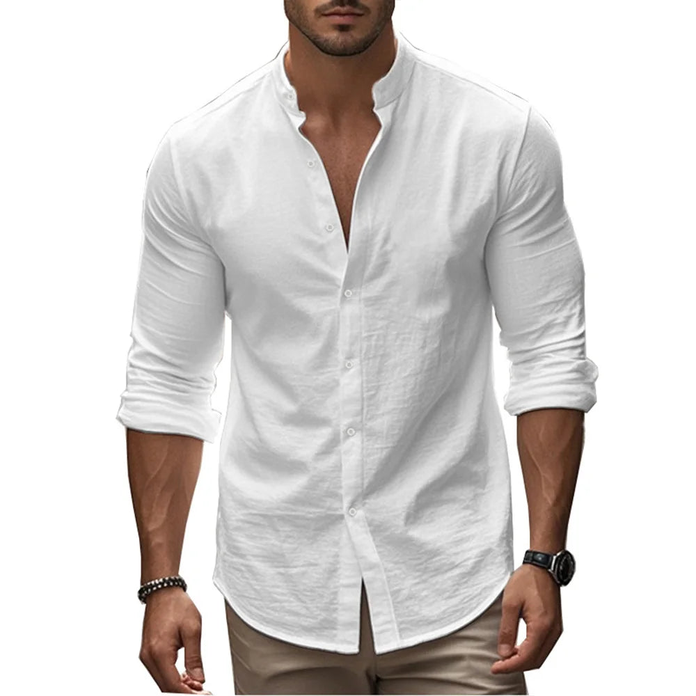Men's khaki Henry shirt by BACKUPMYFILESNOW.COM®, cotton linen, slim fit, casual Hawaiian style, breathable summer clothing.
