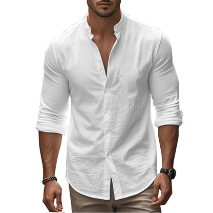 Men's khaki Henry shirt by BACKUPMYFILESNOW.COM®, cotton linen, slim fit, casual Hawaiian style, breathable summer clothing.