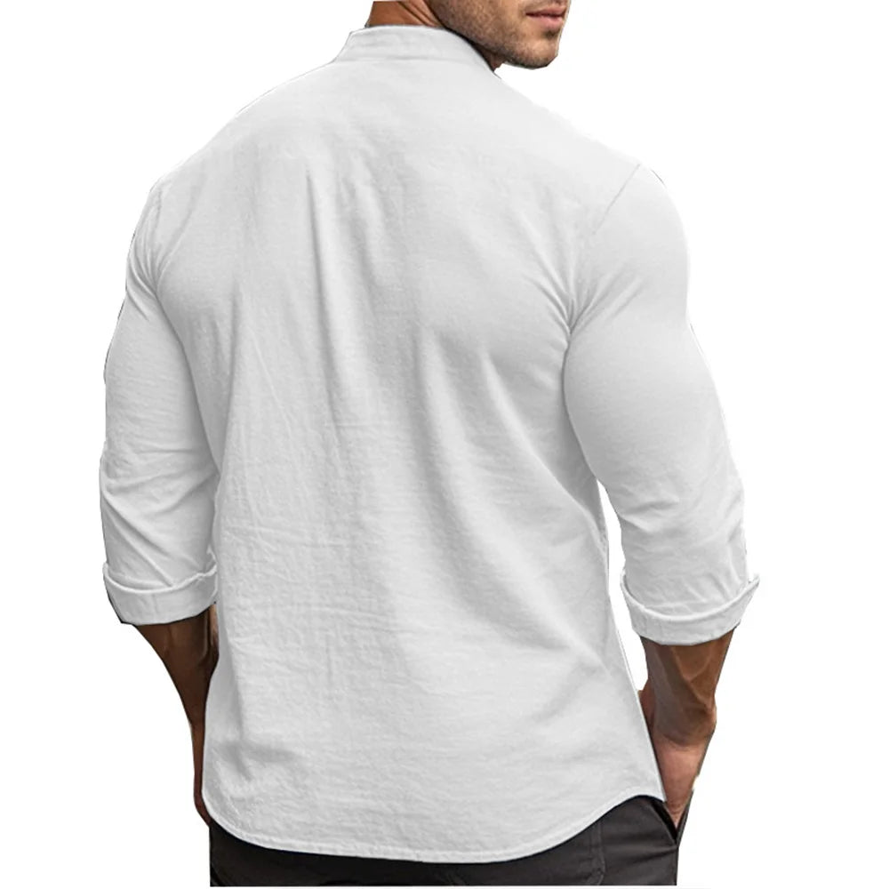 Men's khaki cotton linen Henry shirt with slim fit, casual Hawaiian style, breathable fabric, suitable for spring and summer.
