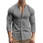 Men's khaki Henry shirt from BACKUPMYFILESNOW.COM® with cotton linen fabric, slim fit, short sleeves, casual Hawaiian style for spring and summer.