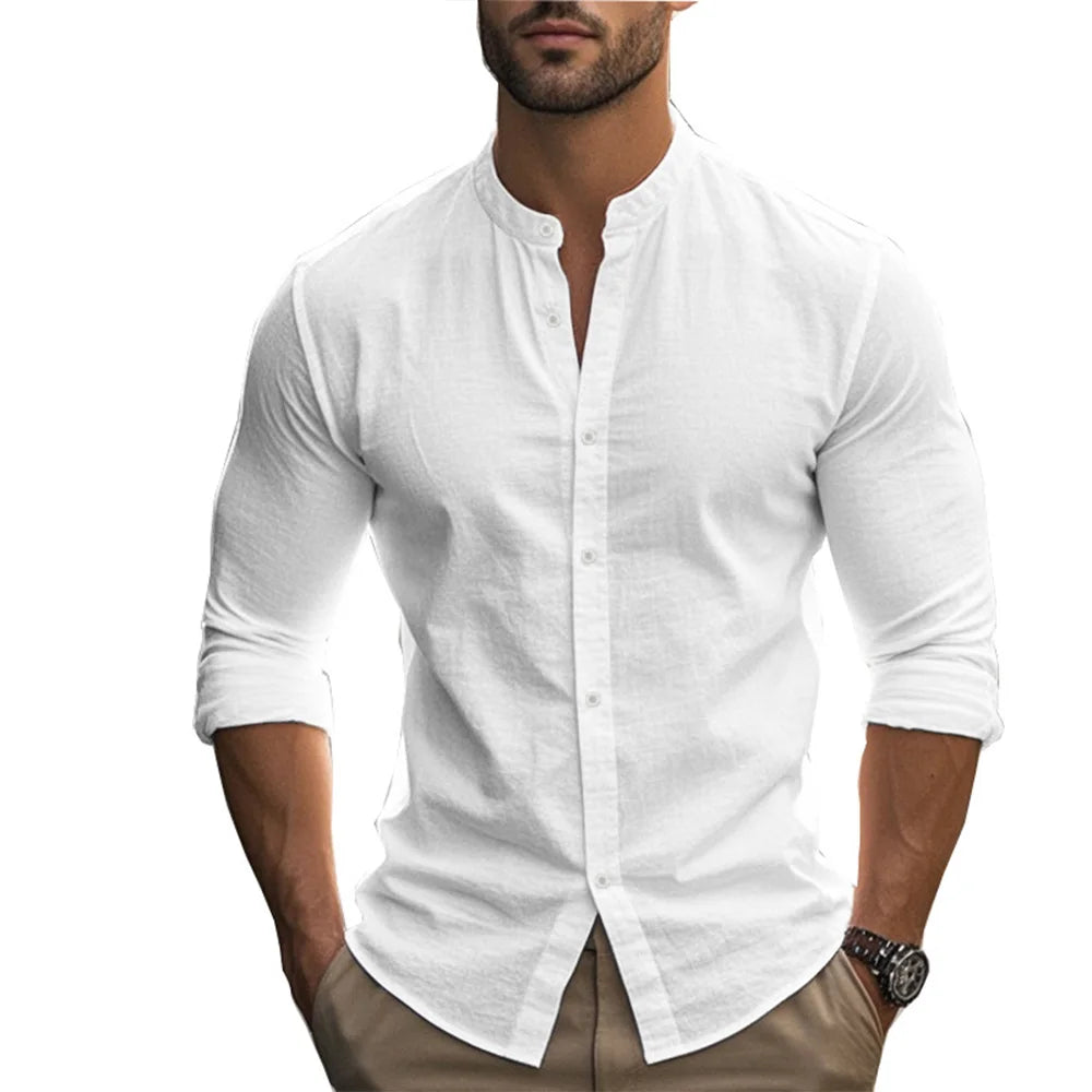 Men's khaki Henry shirt from BACKUPMYFILESNOW.COM® with cotton-linen fabric, slim fit, casual Hawaiian style, suitable for spring and summer.
