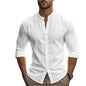 Men's khaki Henry shirt from BACKUPMYFILESNOW.COM® with cotton-linen fabric, slim fit, casual Hawaiian style, suitable for spring and summer.