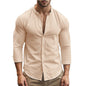 Men's khaki Henry shirt by BACKUPMYFILESNOW.COM®, slim fit casual cotton linen Hawaiian style, breathable spring summer clothing.