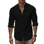 Men's khaki Henry shirt by BACKUPMYFILESNOW.COM® featuring a cotton linen slim fit casual Hawaiian style for spring and summer.