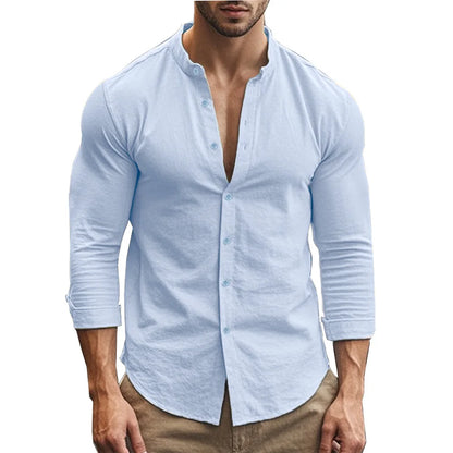 Men's khaki cotton linen Henry shirt with slim fit, causal Hawaiian style, breathable fabric, ideal for spring and summer.