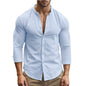 Men's khaki cotton linen Henry shirt with slim fit, causal Hawaiian style, breathable fabric, ideal for spring and summer.