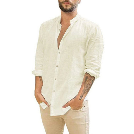 Men's long-sleeved cotton linen shirt in khaki with stand-up collar, casual beach style, plus size, summer solid color from BACKUPMYFILESNOW.COM®