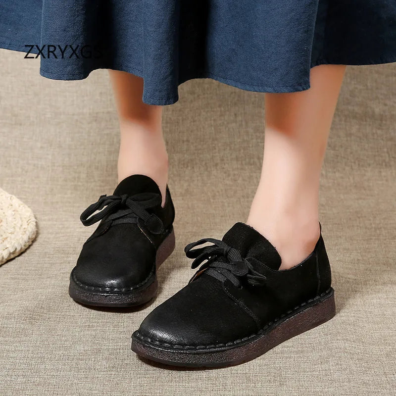 Retro style top cowhide women's flat shoes by BackupMyFilesNow.com, featuring soft soles, warm lining, casual winter sneaker design.