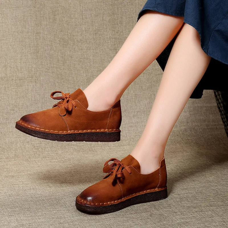 Retro style women's cowhide flat sneakers with warm soft soles, casual winter shoes in khaki, offering comfort and a vintage look.