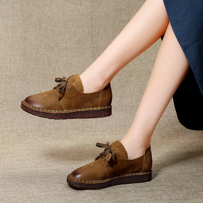 Retro style women's cowhide flat sneakers by ZXRYXGS, khaki winter shoes with soft sole, warm and comfortable casual footwear.