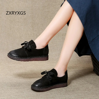 Retro style top cowhide women's flats with soft soles, warm winter sneakers, casual comfort, and a stylish khaki design.