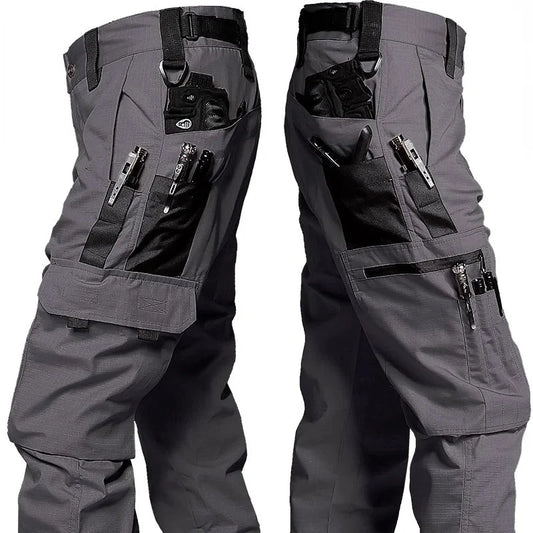 BackUPMYFILESNOW® men's khaki wear-resistant work pants with multiple pockets, straight cargo style, suitable for outdoor and casual wear.