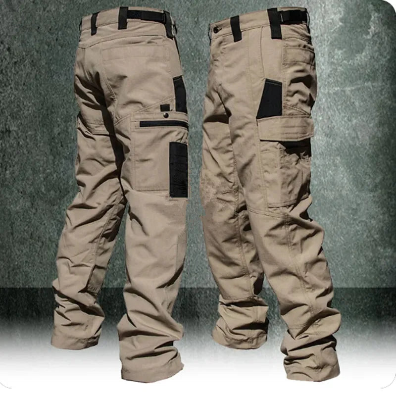 Wear-resistant khaki work pants for men with multiple pockets, straight cargo style, ideal for outdoor, tactical, spring, and autumn wear.