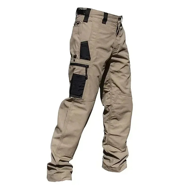 Wear-resistant khaki work pants for men with multiple pockets, straight cargo style, suitable for outdoor, jogging, and casual wear.