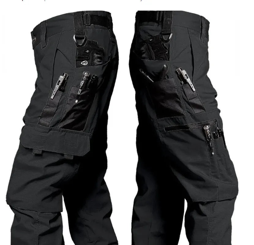 Men's khaki wear-resistant work pants with multiple pockets, straight cargo style, suitable for outdoor, tactical, and casual wear.