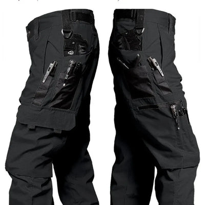 Men's khaki wear-resistant work pants with multiple pockets, straight cargo style, suitable for outdoor, tactical, and casual wear.