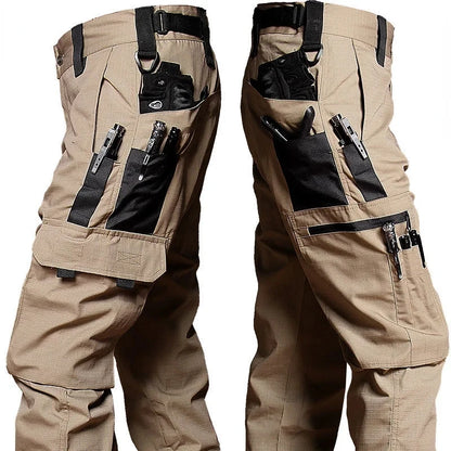 Men's khaki wear-resistant work pants with multiple pockets, straight cargo style, suitable for outdoor jogging and tactical activities.