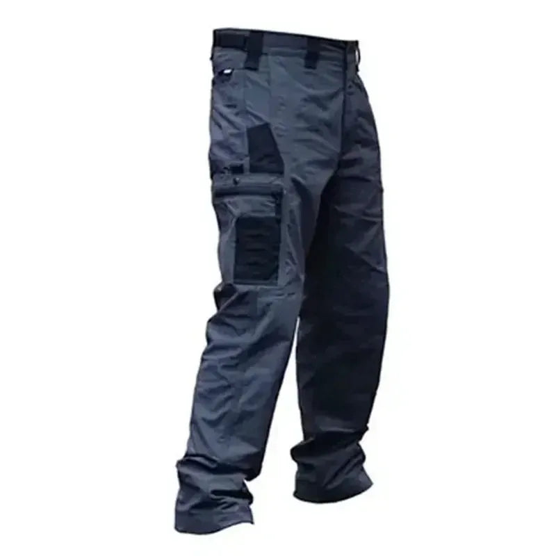Khaki wear-resistant work pants for men with multiple pockets, straight cargo style, suitable for outdoor, tactical, and casual wear.